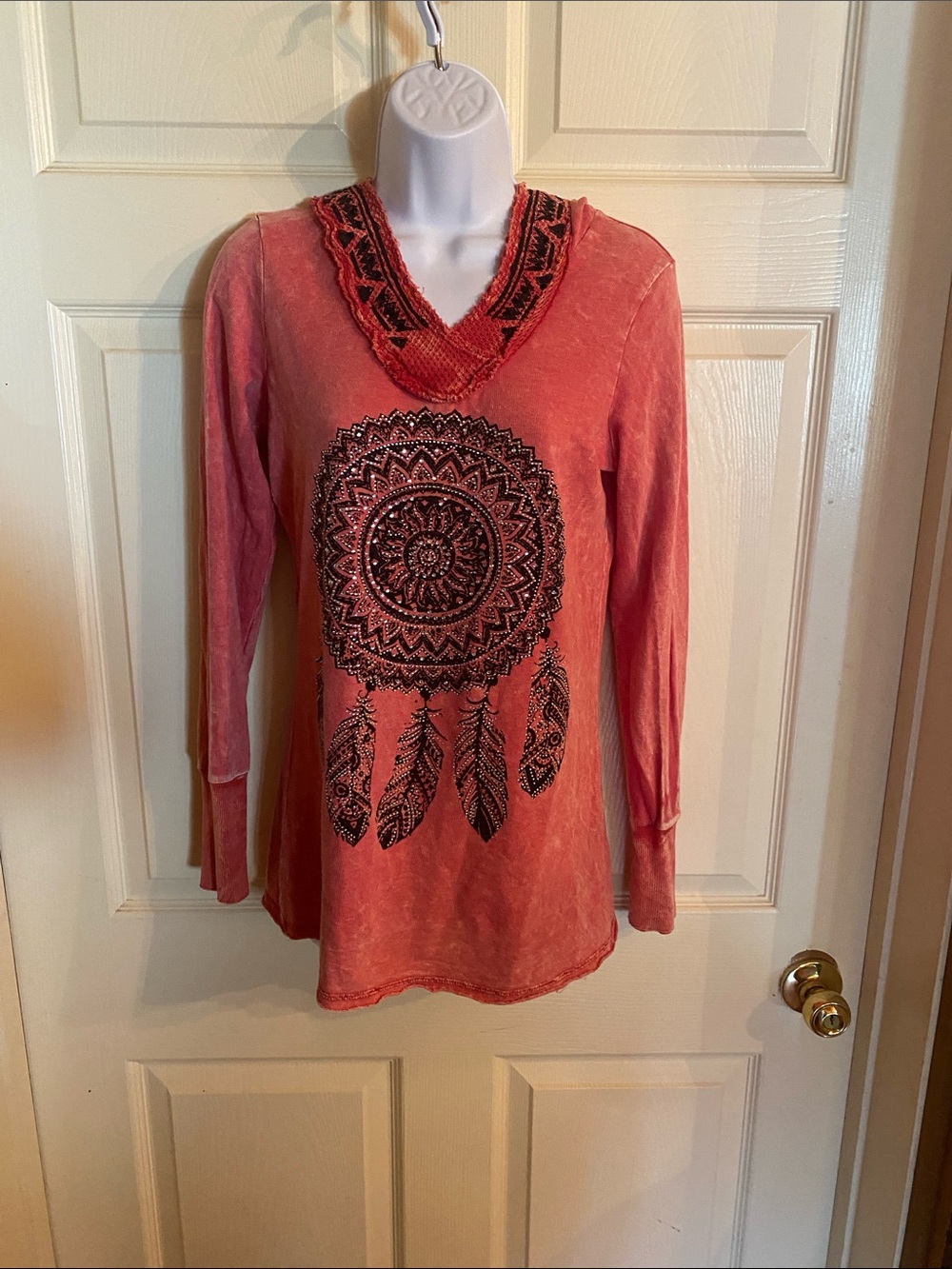 Vocal Coral Long-Sleeve V-Neck Top with Black Dreamcatcher Graphic